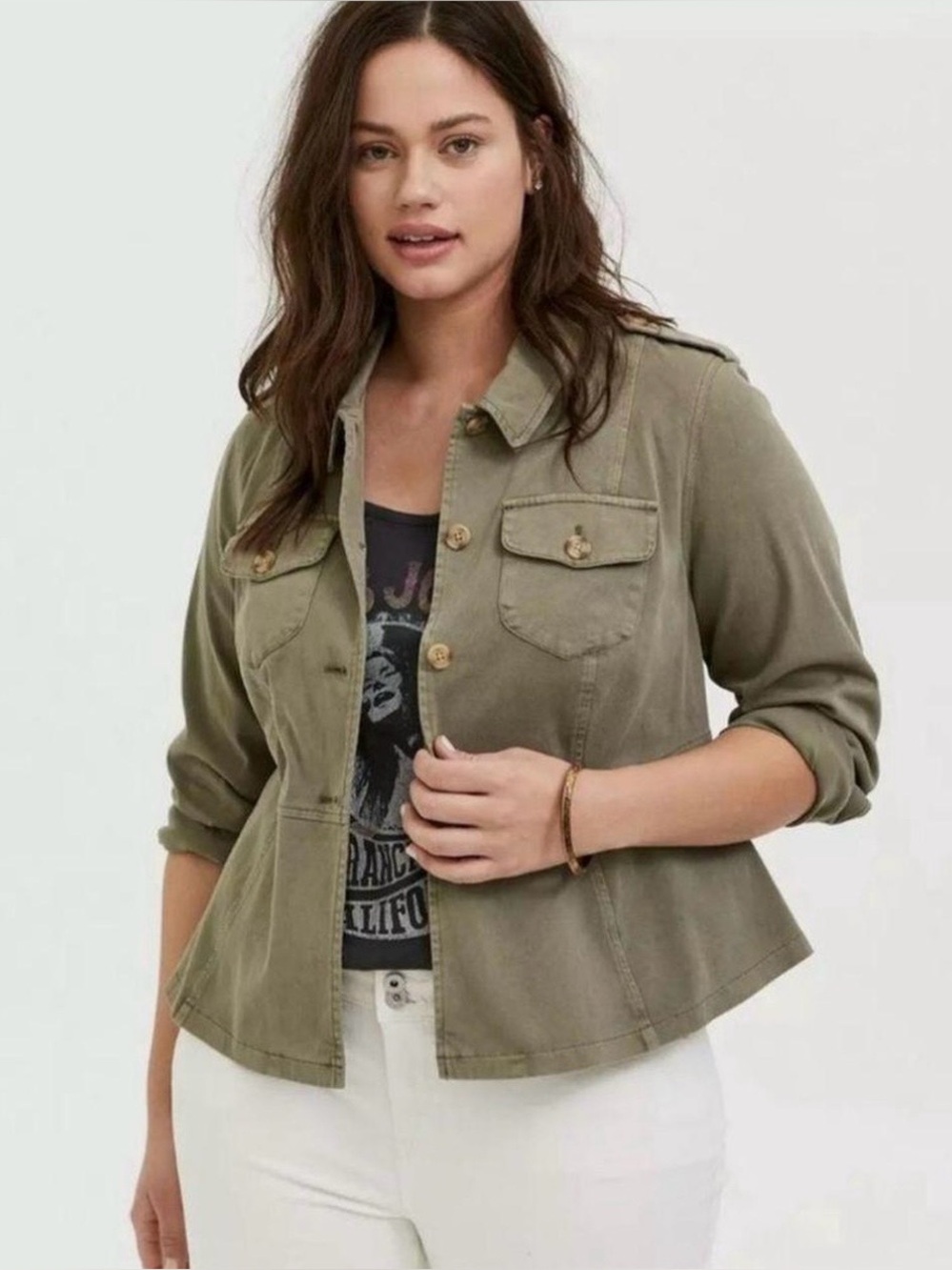 Torrid Peplum Olive Utility Button-Front Jacket - Casual Coat size 2 (18/20)